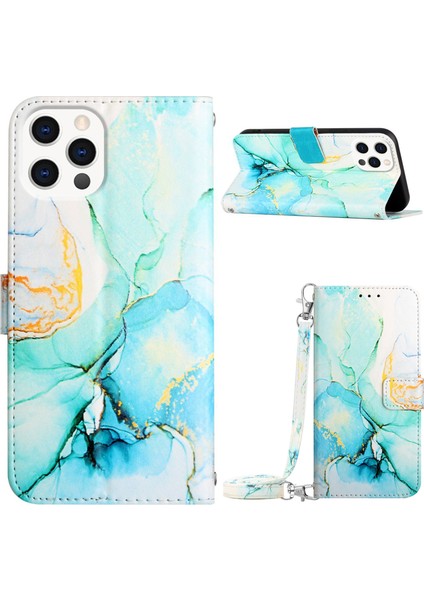 Iphone 15 Pro Marble Desen Telefon Kapağı Stand Standı Cüzdan Anti-Collacion Case-Yeşil (Yurt Dışından)