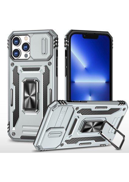 Iphone 15 Pro Slide Kamera Kapağı Telefon Kılıfı Metal Kickstand Pc+Tpu Cover-Grey (Yurt Dışından)