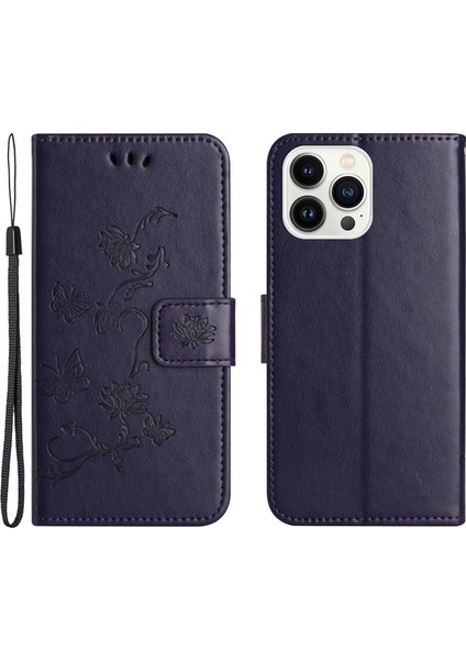 Iphone 15 Pro Maks Kazşana Kanıtı Pu Deri Cüzdan Telefon Kılıf Kelebek Çiçeği Baskılı Stand Kapak-Dark Mor (Yurt Dışından)