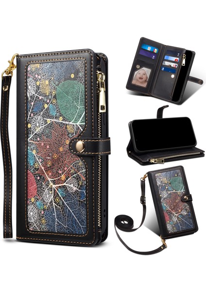 Iphone 15 Pro Pu Deri Stand Zipper Cep Telefonu Kapak Black Için Rfıd Engelleme Cüzdan Kılıfı (Yurt Dışından)