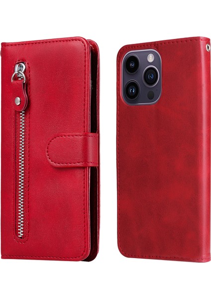 Iphone 15 Pro Max Antik Karşı Antrak Balf Doku Telefon Kılıfı Zipper Cep Cüzdan Katlanabilir Stand Kapak Kırmızı (Yurt Dışından)