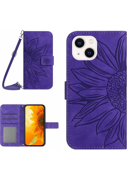 Iphone 15 Plus Plus Kılıfı Için Deri Ayçiçeği Baskı Cüzdanı Stand Kapağı Omuz Askılı-Dark Mor İle (Yurt Dışından)