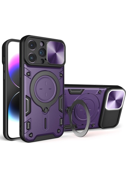 Iphone 15 Pro Maks Slide Kamera Kapağı Pc+Tpu Anti-Drop Kapak Yüzüğü Kickstand Telefon Vaka-Mor (Yurt Dışından)