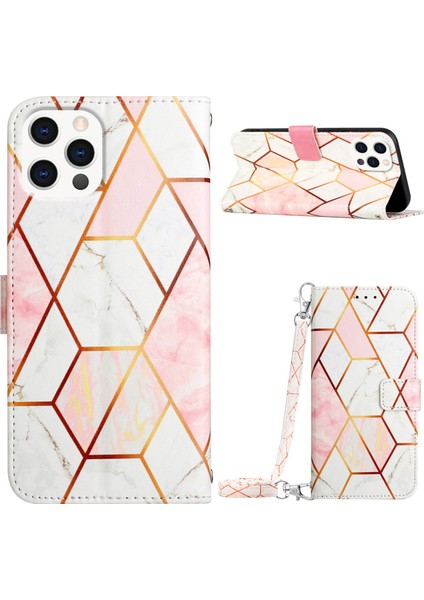 Iphone 15 Pro Marble Desen Telefon Kapağı Stand Standı Cüzdan Anti-Collaion Case-Pink Beyaz (Yurt Dışından)