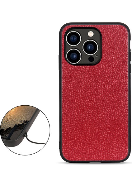 Iphone 15 Pro Maks Cep Telefonu Kapağı Litchi Doku Orijinal Inek Deri+Pc+Tpu Akıllı Telefon Kapak-Kırmızı (Yurt Dışından)