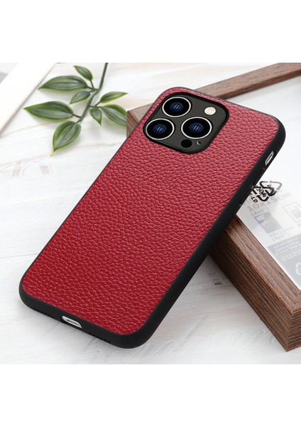Iphone 15 Pro Maks Cep Telefonu Kapağı Litchi Doku Orijinal Inek Deri+Pc+Tpu Akıllı Telefon Kapak-Kırmızı (Yurt Dışından)