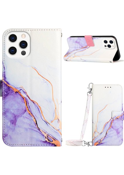Iphone 15 Pro Marble Desen Telefon Kapağı Stand Standı Cüzdan Anti-Collision Case-White Mor (Yurt Dışından)