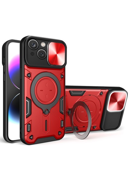 Iphone 15 Dönen Kickstand Pc+Tpu Kapak Slayt Kamera Kalkanı Anti-Çizik Telefon Kasa-Kırmızısı (Yurt Dışından)