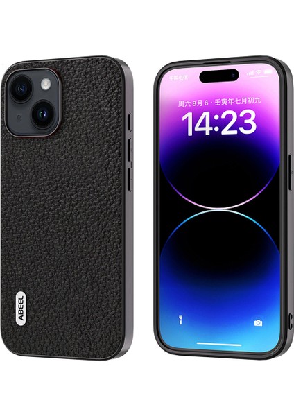 Iphone 15 Plus Cowhide Deri Kaplamalı Pc+Tpu Kılıfı Litchi Doku Kıvlatıcı Anti-Cratch Telefon Kapak Black (Yurt Dışından)