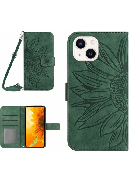 Iphone 15 Plus Plus Plus Kılıfı Deri Ayçiçeği Dışında Dışında Stand Kapağı Omuz Askılı-Karanlık Yeşil (Yurt Dışından)