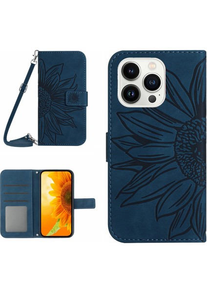 Iphone 15 Pro Sunflower Için Stand Kabuğu Deri Deri Cüzdanlı Telefon Kılıfı Omuz Kayış-Dark Mavi (Yurt Dışından)