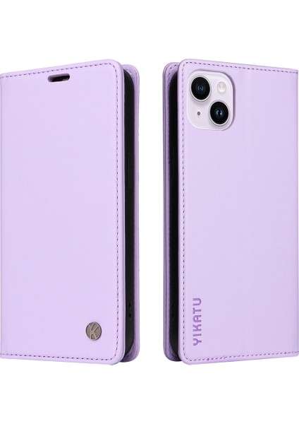 Iphone 15 Artı Flip Cüzdan Kılıfı Pu Deri Manyetik Otomatik Emici Stant Telefon Kapak Işığı Mor Mor (Yurt Dışından)
