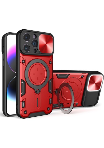 Iphone 15 Pro Slide Kamera Kapağı Pc+Tpu Arka Kapak Rotasyon Kickstand Telefon Kasa-Kırmızı (Yurt Dışından)