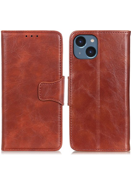 Iphone 15 Için Plus Deri Deri Çılgın At Doku Bump Kanı Kılıf Stand Cüzdan Telefon Kapak-Kahverengi (Yurt Dışından)