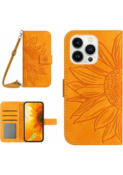 Iphone 15 Pro Sunflower Için Stand Kabuğu Deri Deri Cüzdanlı Telefon Kılıfı Omuz Askılı Sarı (Yurt Dışından)