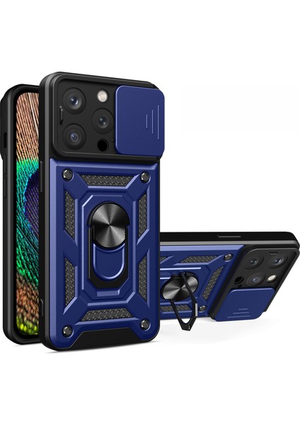 Iphone 15 Pro Maks Kamera Lens Slide Tasarım Telefon Kılıfı Pc+Tpu Kickstand Cover-Blue (Yurt Dışından)