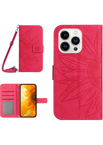 Iphone 15 Pro Sunflower Için Stand Kabuğu Deri Deri Cüzdanlı Telefon Kılıfı Omuz Kayışı Ros (Yurt Dışından)