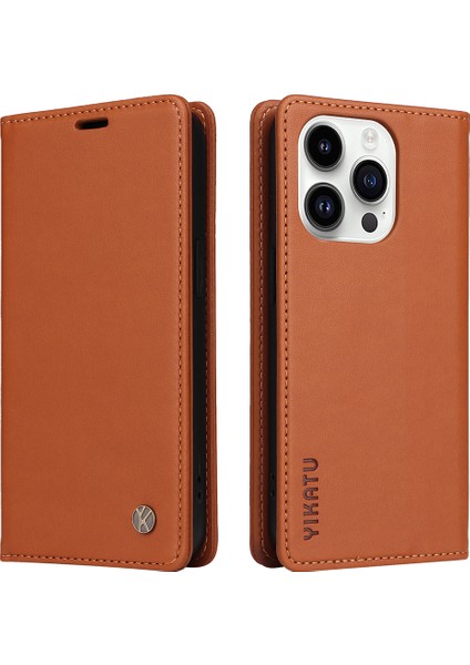 Iphone 15 Pro Pu Deri Cüzdan Telefon Kapağı Manyetik Kapanış Çizgi Standı Case-Brown (Yurt Dışından)