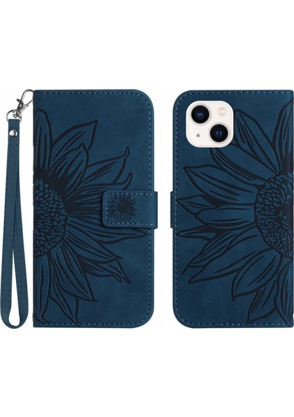 Iphone 15 Plus Anti Drop Anti Drop Deri Deri Cüzdan Kılıfı Ayçiçeği Desen Stand Kapağı El Strap-Dark Mavi (Yurt Dışından)