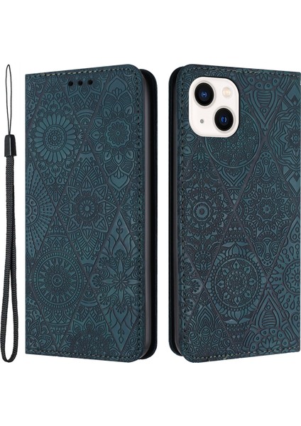 Iphone 15 Için Cüzdan Kılıfı 15 Tamamen Sarılmış Pu Deri Retro Çiçek Impried Telefon Stand Kapak Yeşil (Yurt Dışından)