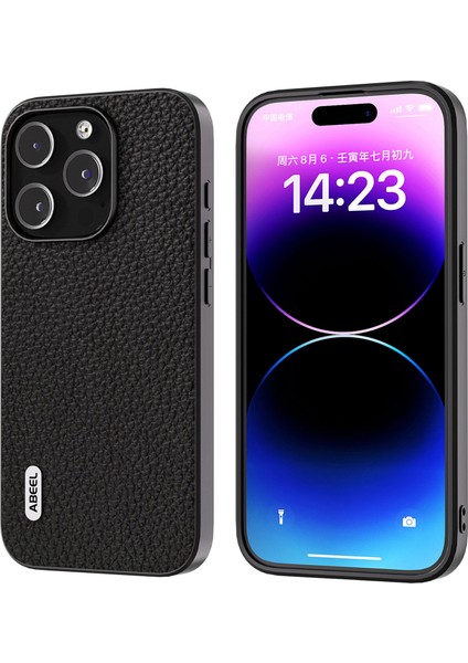 Iphone 15 Pro Max Anti-Slip Litchi Doku Doku Kılıf Cowhide Deri+Pc+Tpu Telefon Kapak Black (Yurt Dışından)