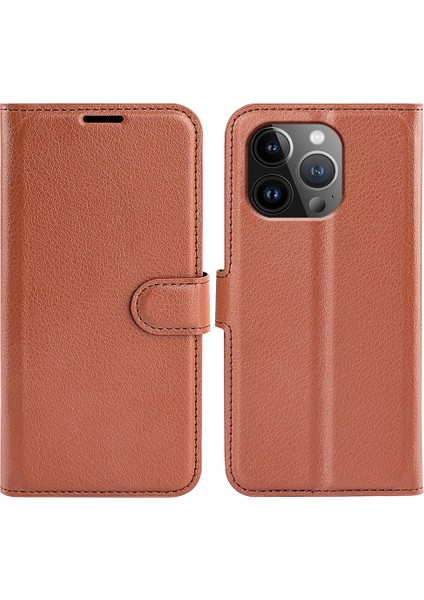 Iphone 15 Pro Max Anti-Cratch Litchi Doku Telefon Kapağı Cüzdan Flip Pu Deri Telefon Kahverengi (Yurt Dışından)