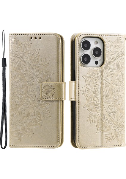 Iphone 15 Pro Flip Telefon Kılıfı Pu Derisi Mandala Çiçek Baskı Stand Cüzdan Kapağı Strap-Gold (Yurt Dışından)