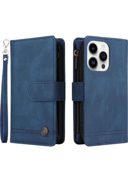 Iphone 15 Pro Için Stand Kılıfı Zipper Cep Telefonu Için Baskılı Cilt Touch Cüzdan Çoklu Kart Yuvası Deri Kapak Mavisi (Yurt Dışından)
