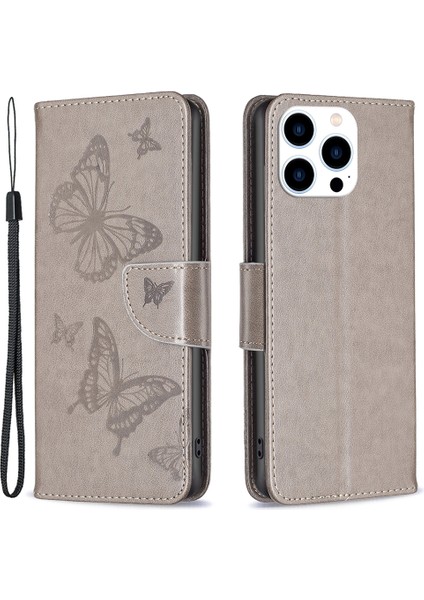 Iphone 15 Pro Shockproof Telefon Için Flip Case Kelebek Basılı Deri Stand Cüzdan Kapağı Strap-Grey (Yurt Dışından)