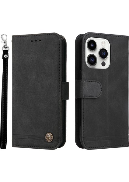 Iphone 15 Pro Max Cüzdan Için Cilt Touch Pu Deri Kılıf Cep Telefon Kapağı Baskılı Çizgiler Stand Kabuk Black (Yurt Dışından)