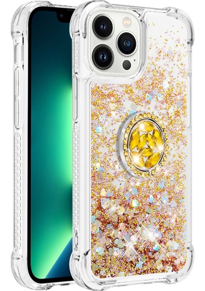 İphone 15 Pro Max Akan Sıvı Kılıf Yüzüğü Kickstand Tpu Telefon Kapağı-Altın (Yurt Dışından)