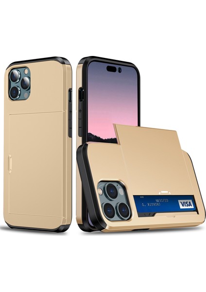 Iphone 15 Pro Tpu+Pc Çift Katmanlı Telefon Koruyucu Case-Gold Için Slayt Kartı Tutucu Telefon Kapağı (Yurt Dışından)