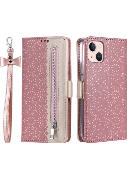 İphone 15 Plus Telefon Kılıfı Için Deri Kapak Fermuarlı Cüzdan Dantel Çiçek Desen Standı Bowknot Bilek Kayış-Rose Altın İle Telefon Kılıfı (Yurt Dışından)