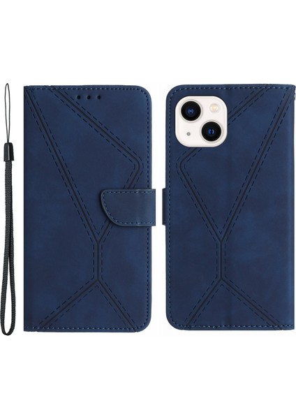 Iphone 15 Plus Cilt Touch Flip Stand Cüzdan Deri Kapak Baskılı Çizgi Telefon Kılıf Mavisi (Yurt Dışından)