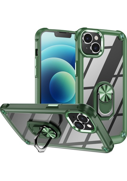 Iphone 15 Şok Geçirmez Kasa Yüzüğü Kickstand Pc+Tpu Telefon Kapağı Alaşım Lens Çerçeve Yeşili (Yurt Dışından)