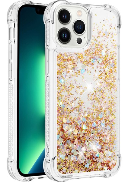 İphone 15 Pro Maks Glitter Actring Actring Sıvı Kılıf Yumuşak Tpu Şok Geçirmez Telefon Kapağı-Altın (Yurt Dışından)