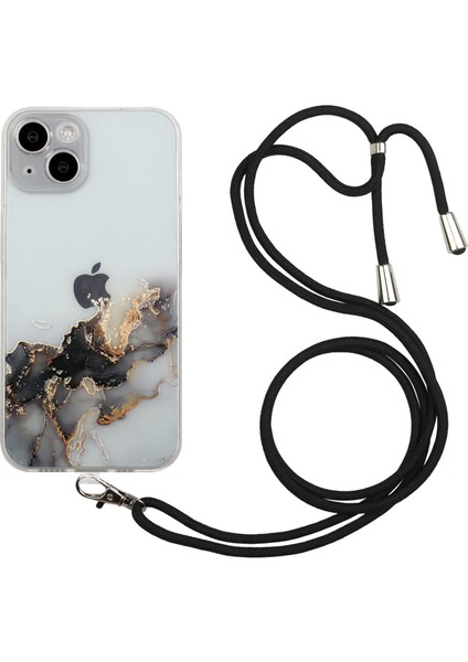 Iphone 15 Mermer Desen Için Yumuşak Tpu Telefon Kılıfı Kabartmalı Anti-Çizelge Anti-Çizelge Telefon Kapağı Lanyard-Black (Yurt Dışından)