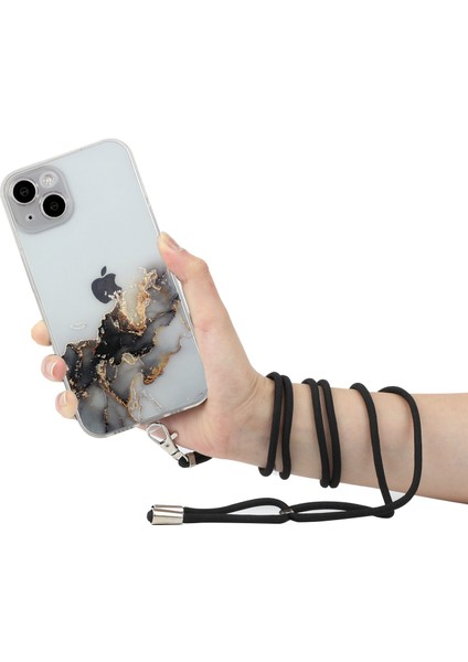 Iphone 15 Mermer Desen Için Yumuşak Tpu Telefon Kılıfı Kabartmalı Anti-Çizelge Anti-Çizelge Telefon Kapağı Lanyard-Black (Yurt Dışından)
