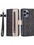 İphone 15 Pro Telefon Kılıfı Stand Kabuk Fermuarı Cüzdan Dantel Çiçek Deseni Deri Telefon Kılıfı Bowknot Bilek Kayış-Siyah (Yurt Dışından) 1