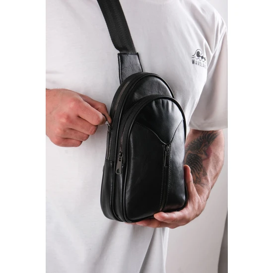 Saraci Leather Craft Çapraz Askılı Deri Erkek Omuz Çantası Siyah, Erkek Body Bag