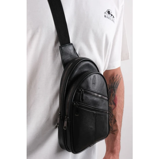 Saraci Leather Craft Çapraz Askılı Deri Erkek Omuz Çantası Siyah, Body Bag Siyah