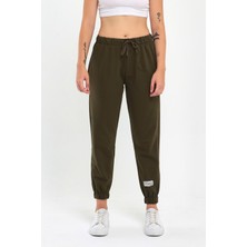 Comeor Kadın Haki Paçası Etiket Detaylı Basic Jogger Örme Eşofman Altı