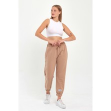 Comeor Kadın Sütlü Kahve  Paçası Etiket Detaylı Basic Jogger Örme Eşofman Altı