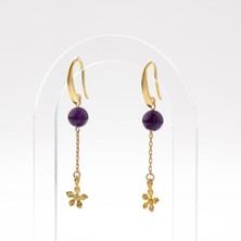 Osmanlı Doğal Taş Ametist Doğal Taş Gümüş Çiçekli Küpe