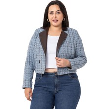 Disentis Modest Büyük Beden Kruvaze Yakası Deri Astarlı Kısa Mavi Ceket