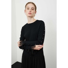 ROMAN Flok Tül Esprili Uzun Kol Triko Siyah K2472001_001