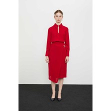 ROMAN Gold Aksesuarlı Asimetrik Crep Elbise Kırmızı K2411014_006