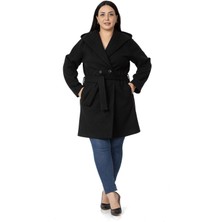 Disentis Modest Kadın Büyük Beden Kapüşonlu Polyester Siyah Kaban Uzun Kol Düz Desenli