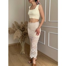 Nidi Store Bej Mini Iç Atarlı Midi Boy Dantelli Etek