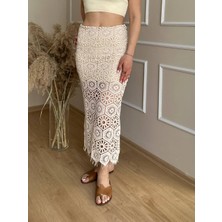 Nidi Store Bej Mini Iç Atarlı Midi Boy Dantelli Etek